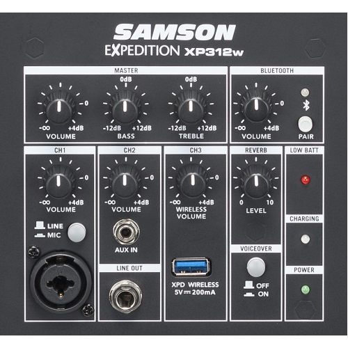 Samson XP312W Портативная АС, 300 Вт., 12", Bluetooth, радиомикрофон, на колёсах