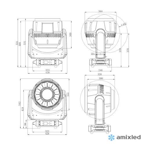 Amixled BiZone FX Вращающаяся голова Wash, Beam, 1х200 Вт., 12x40 Вт., RGBW, LED-кольцо